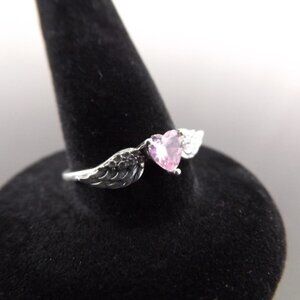 NEW .925 Sterling Silver Pink Sapphire Crystal Winged Heart Ring Size 7